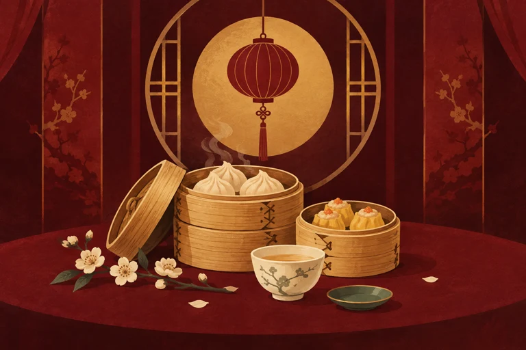 Illustrative screen-print of dim sum baskets, tea and a banquet lantern